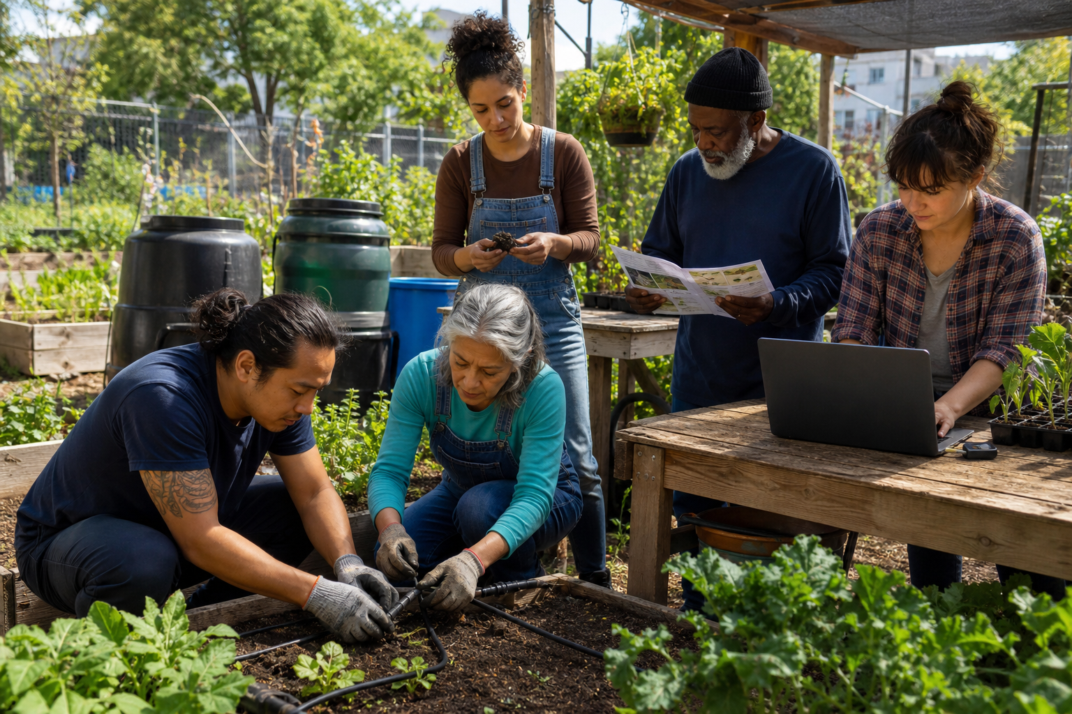 A community garden group consulting a laptop and notes between the beds