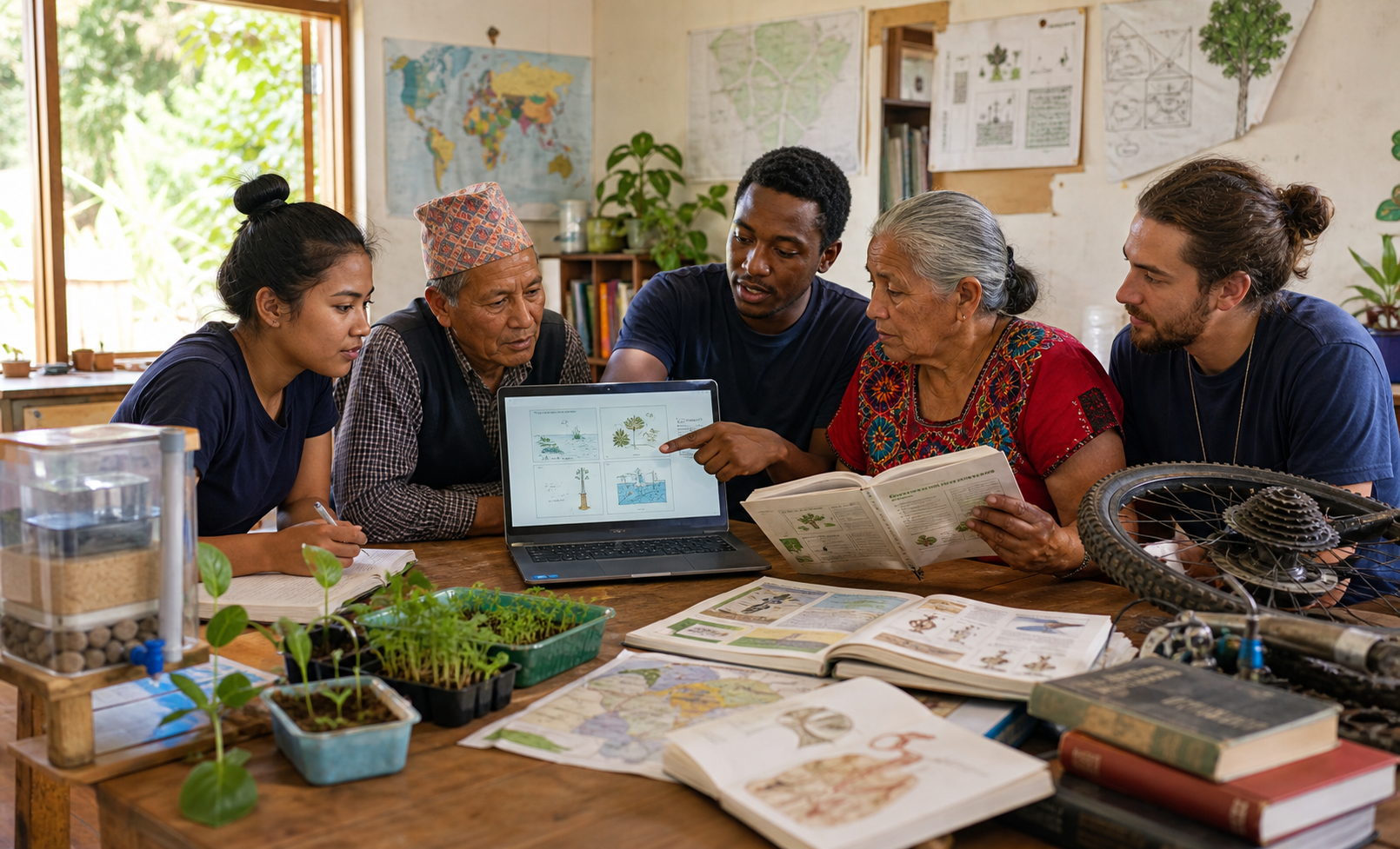 Three generations learning together around a laptop, seed trays and reference books