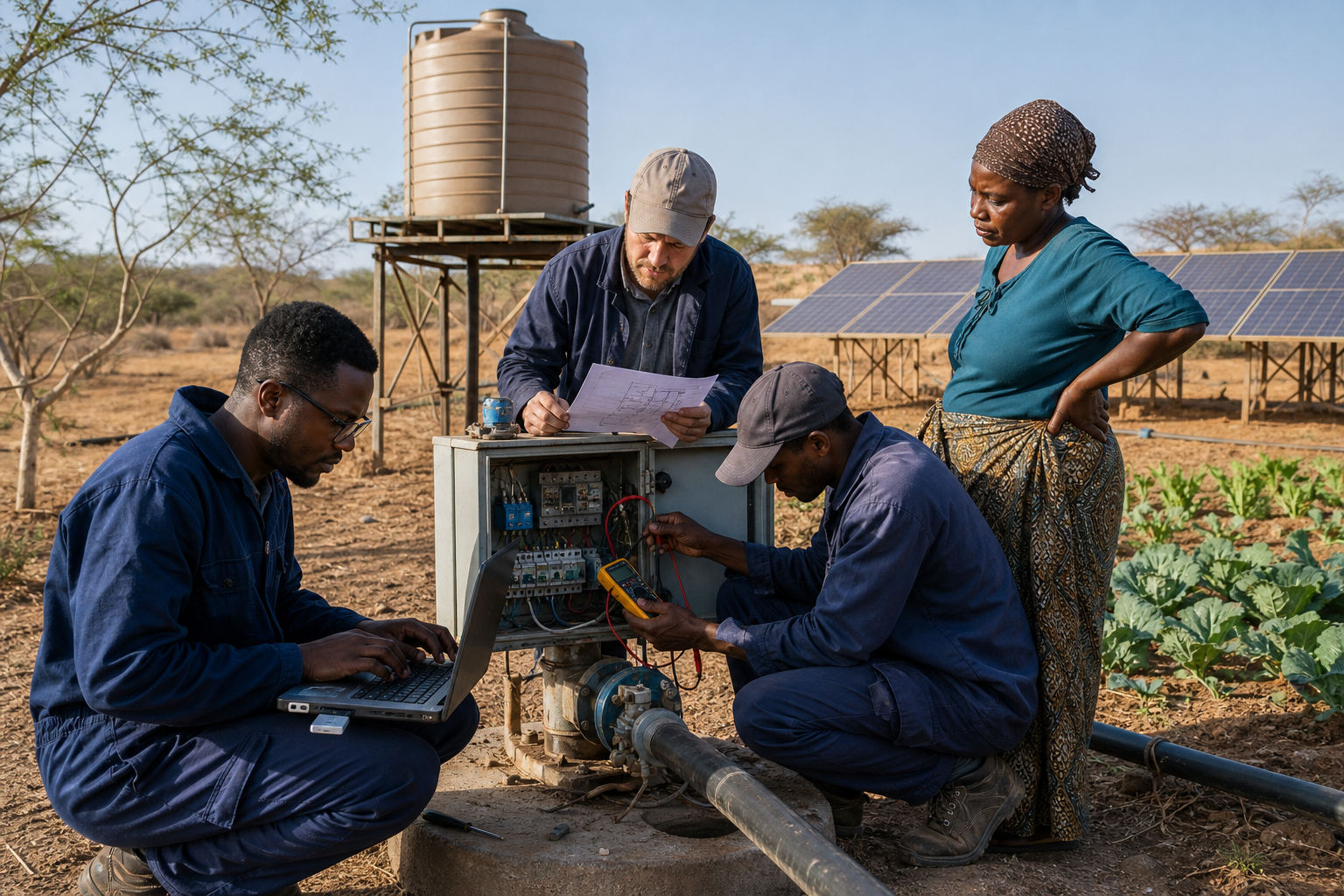 Technicians repairing a solar-powered water pump with a laptop and the system manual