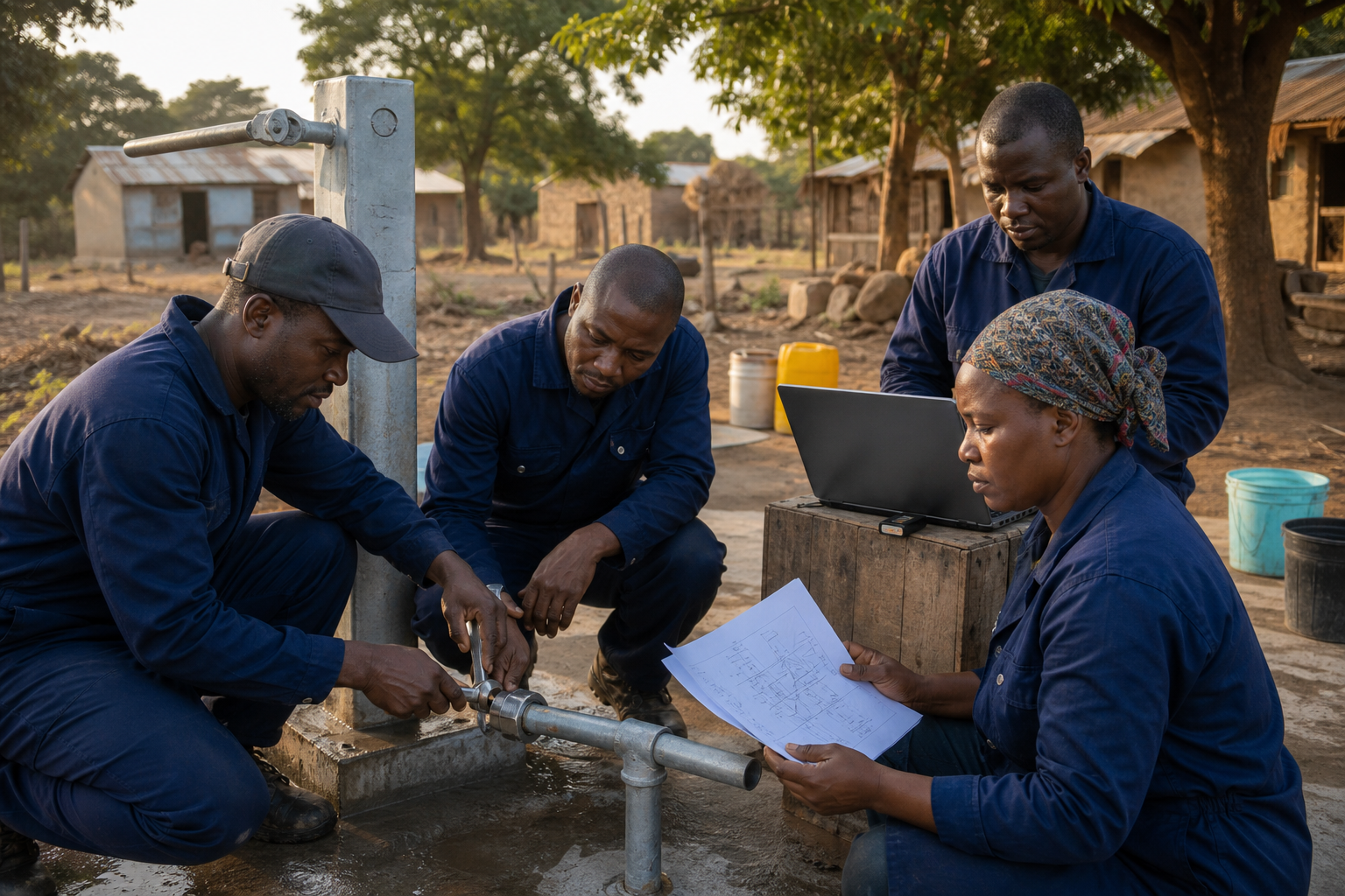 Three technicians repairing a village wellhead, working from a printed procedure